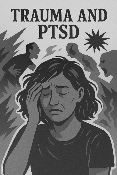 Person holding their head in distress, with shadows of figures and the text "Trauma and PTSD."